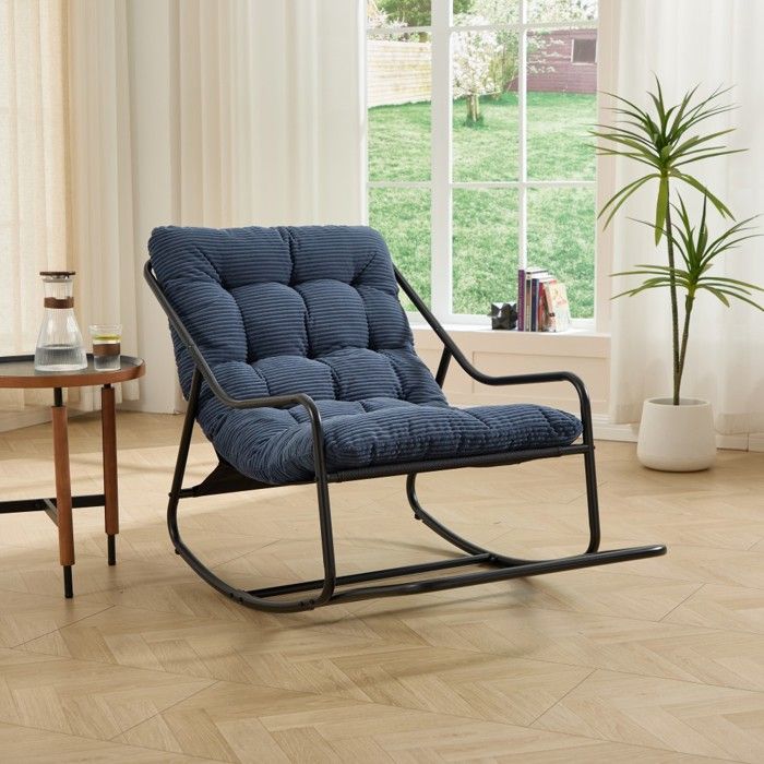 Fauteuil à bascule extérieur coussin épais et confortable structure noire coussin bleu marine salon chambre lecture 75x116x82cm