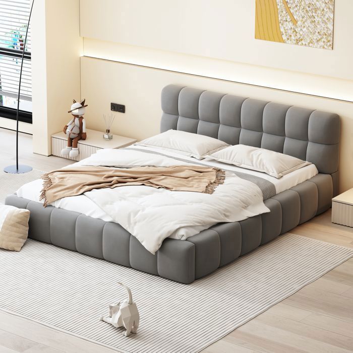 Lit double 140x190 cm – Tête de lit rembourrée – Style moderne – Structure panneaux – Sommier à lattes – lin beige