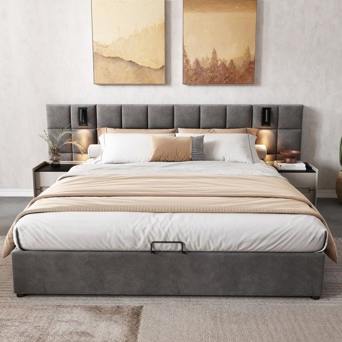 Lit Double Lit capitonné coffre hydraulique 180x200 cm velours gris damier tête de lit rembourrée lampe USB portables Sans Matelas Lit Double Lit capitonné coffre hydraulique 180x200 cm velours gris damier tête de lit rembourrée lampe USB portables Sans Matelas