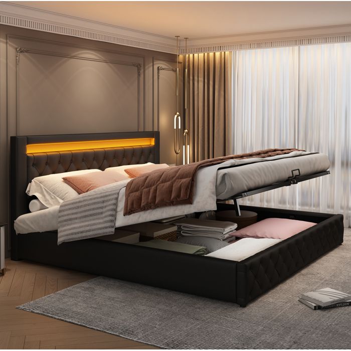 Lit Coffre Lit Double Rembourré 180x200 cm Avec LED Et Sommier à Lattes Pu Noir Sans Matelas