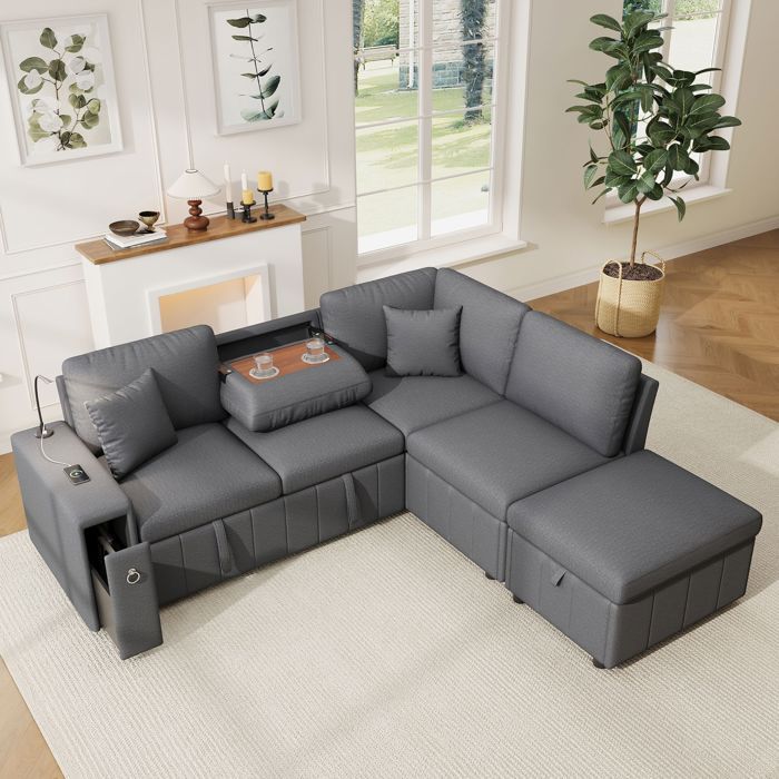 Canapé dangle 4 places tabouret de rangement table basse pliante ports USB et Type-C liseuse et 2 coussins gris Lin 213*184*88cm