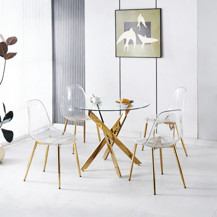 Ensemble de salle à manger - 5 pièces (1 table + 4 chaises) - Velours luxueux doré - Structure métal - Pieds plaqués or