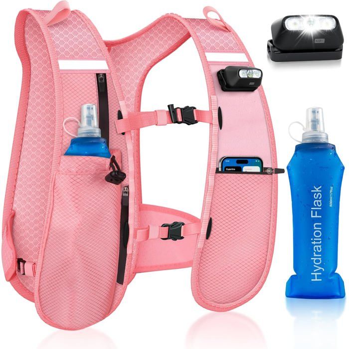 Gilet dhydratation pour course - Unbrand - Gourde souple 500 ml sans BPA - 7 poches de rangement