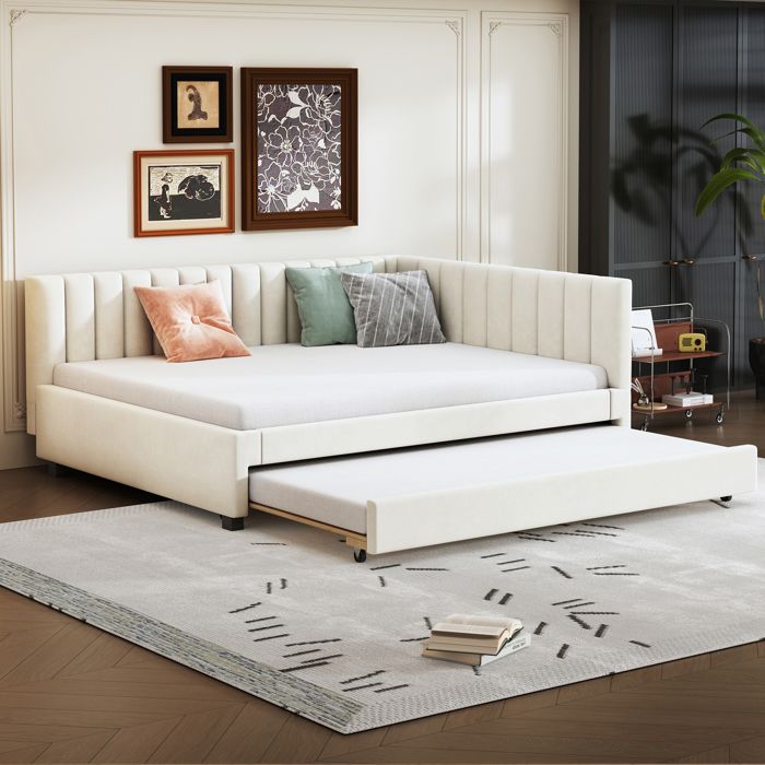 ULEVR Lit banquette classique avec lit gigogne 2095x147x71 cm - sommier à lattes pour chambre et invités beige