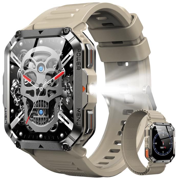 Montre connectée militaire batterie 900mAh écran 2.01  lampe et boussole intégrées suivi cardiaque étanche résistante outdoor