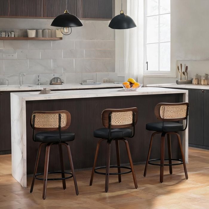 Tabourets de bar pivotants en noyer et cannage simili cuir noir lot de 3 H. 90 cm