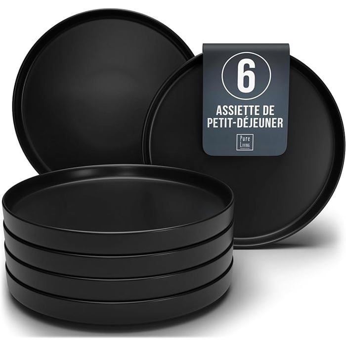 Élégant ensemble de 6 assiettes en noir grès premium Compatible lave-vaisselle micro-ondes Chic Petites assiettes (6x) SALADIER