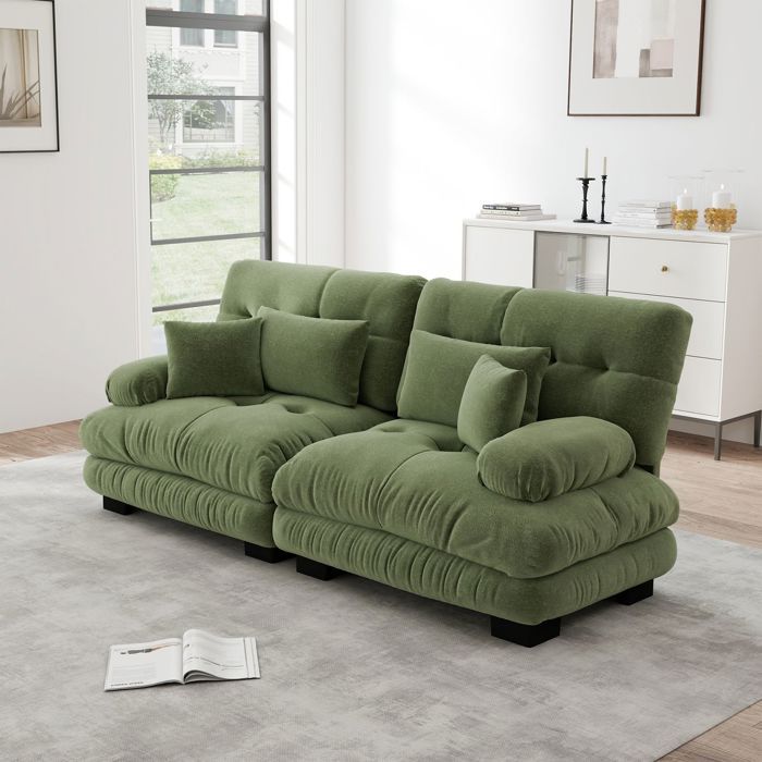 Canapé dAngle 2 coussins lombaires 2 coussins déco cadre bois massif revêtement chenille vert