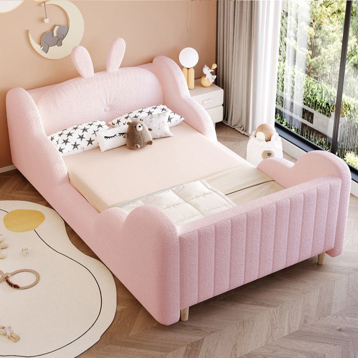 Lit enfant 90x200 avec coussins en forme de lapin Lit plateforme avec longerons forme nuage Velours Rose(Sans Matelas)