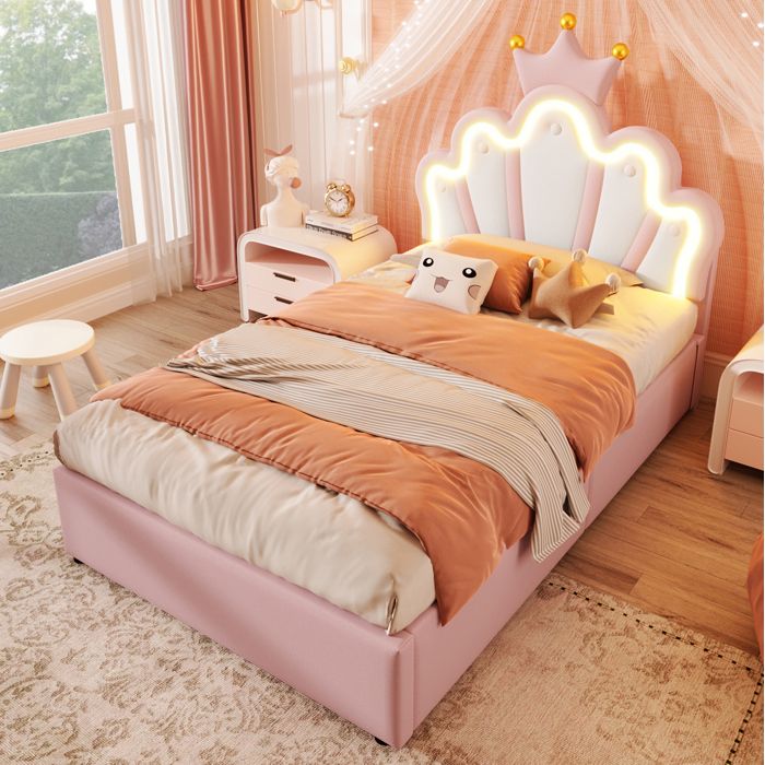 Lit Coffre90x200 cm - Lit Enfant Princesse - LED - Rangement et Sommier à Lattes - PU Rose (Sans Matelas ni Fond)