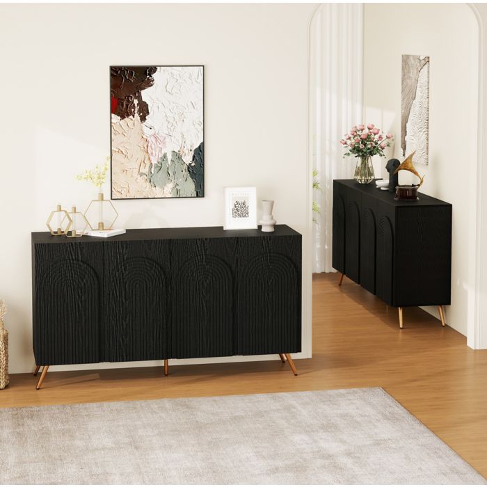 Buffet enfilade noir 150 x 38 x 83 cm 4 portes à relief 3D cintré étagères réglables pieds métal doré