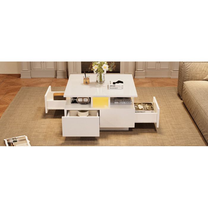 HOMVRA Table basse carrée 70x70x40 cm avec LED contrôlée par application 4 tiroirs blanc brillant
