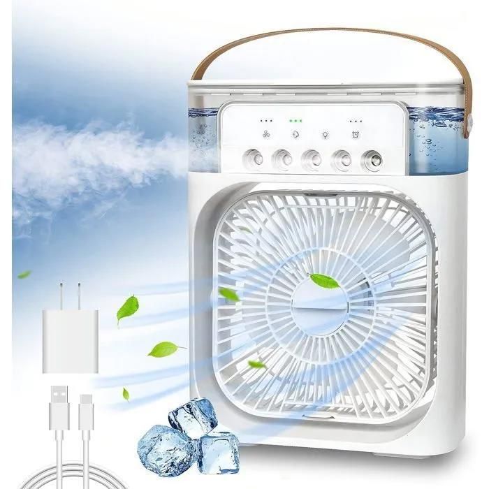 Ventilateur climatiseur portable - 3 vitesses - 7 lumières LED - 5 buses - Économie dénergie