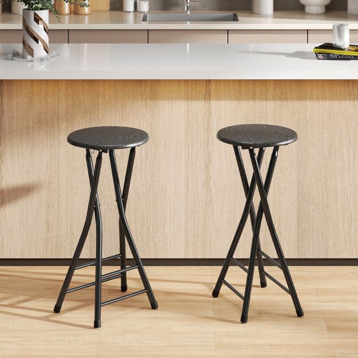 Tabouret de bar - PAGE LIVING - Pliable - Double repose-pieds - Cadre acier - Lot de 2 - Noir
