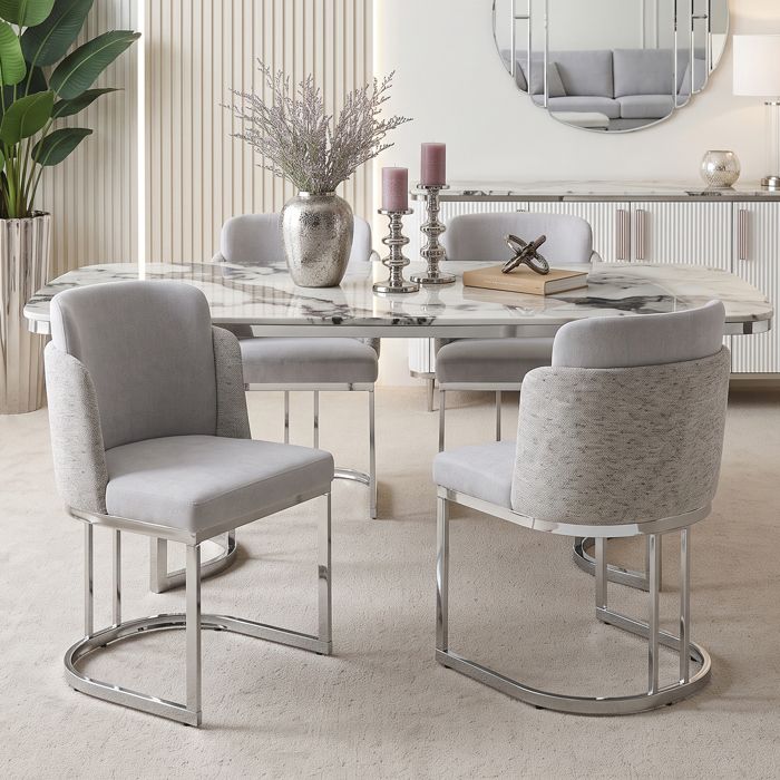 Chaises de salle à manger modernes - Lot de 4 chaises - Gris clair + argent - Tissu chenille - Pieds galvanisés argentés