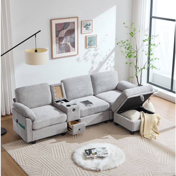Canapé Modulaire 3 Places avec Console Amovible USB-C Rangement et Pouf Coffre en Velours Côtelé Gris Clair 266 × 136 × 82 cm