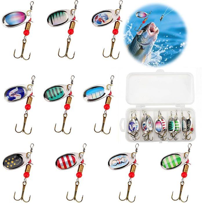 11 Pièces Cuillères de Pêche Spinner LeurresHameçons Triples en Métal avec Leurre Multicolores avec Boîte de Rangement