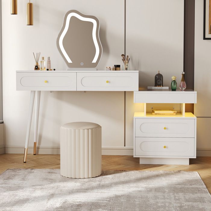 Coiffeuse Blanche Avec Miroir LED Table De Maquillage Moderne FloraGrace Pour Chambre Caisson Lateral Modulable 140x40x130cm