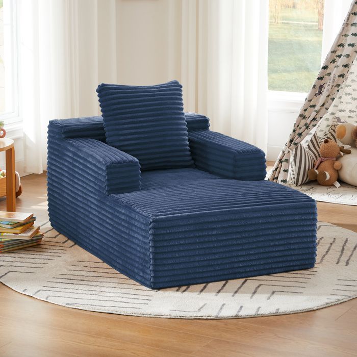 WOVREO Méridienne 1 place en corduroy bleu fauteuil relax et couchage dappoint sans montage