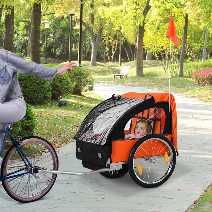 Remorque vélo enfant 2 places orange 2 ceintures de sécurité cadre en acier et housse en tissu Oxford