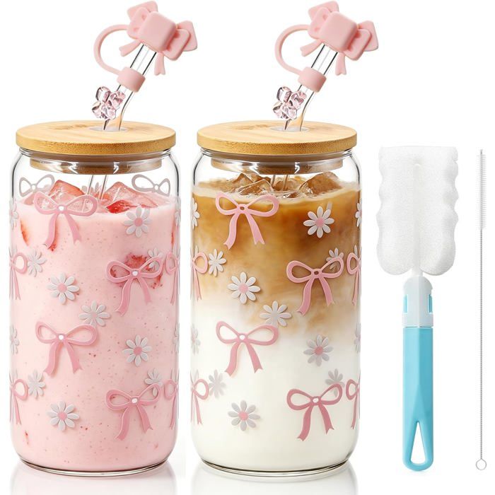Lot de 2 Verres à Bubble Tea 500ml - Verre Borosilicaté Rose avec Couvercle et Paille - Tasse Matcha pour Café Gl MICRODERMABRASION