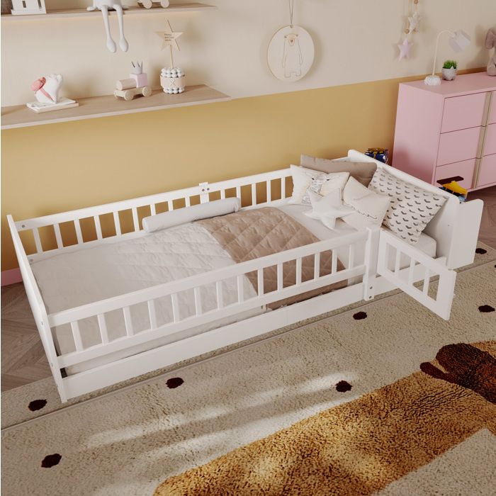 Lit enfant 90 x 200 cm en pin et MDF blanc avec rangement ouvert et porte ouvrante sans matelas
