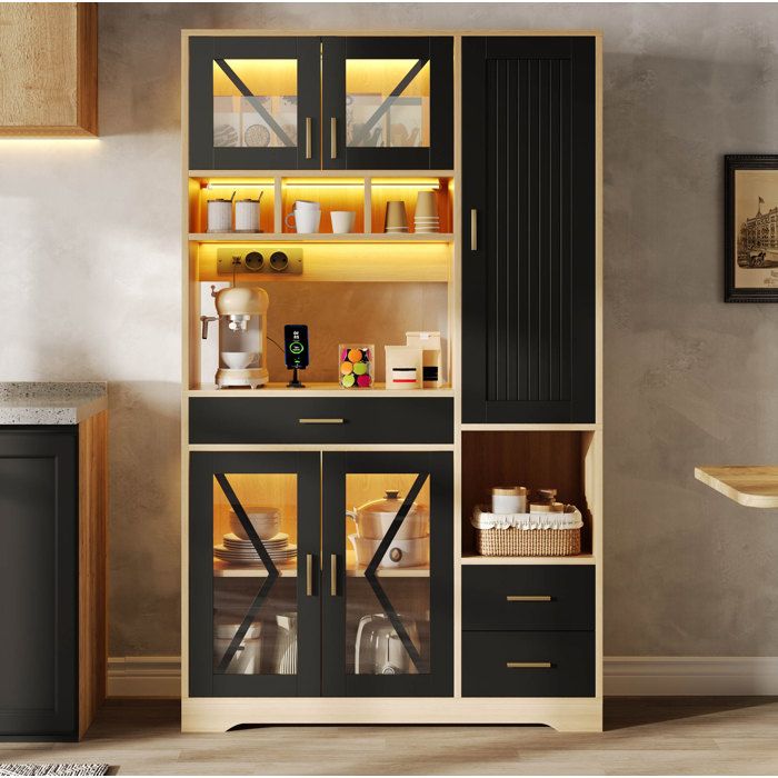 Buffet de Cuisine Vaisselier 2 Portes Vitrées Tiroir Étagères Réglables LED - HAVRYA - Style Campagne 105×40×185 cm