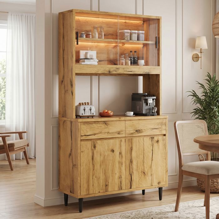 Buffet de Cuisine Haut 100 x 40 x 185 cm Vaisselier avec LED Prises USB-A et USB-C Effet Chêne Buffet de Cuisine Haut 100 x 40 x 185 cm Vaisselier avec LED Prises USB-A et USB-C Effet Chêne