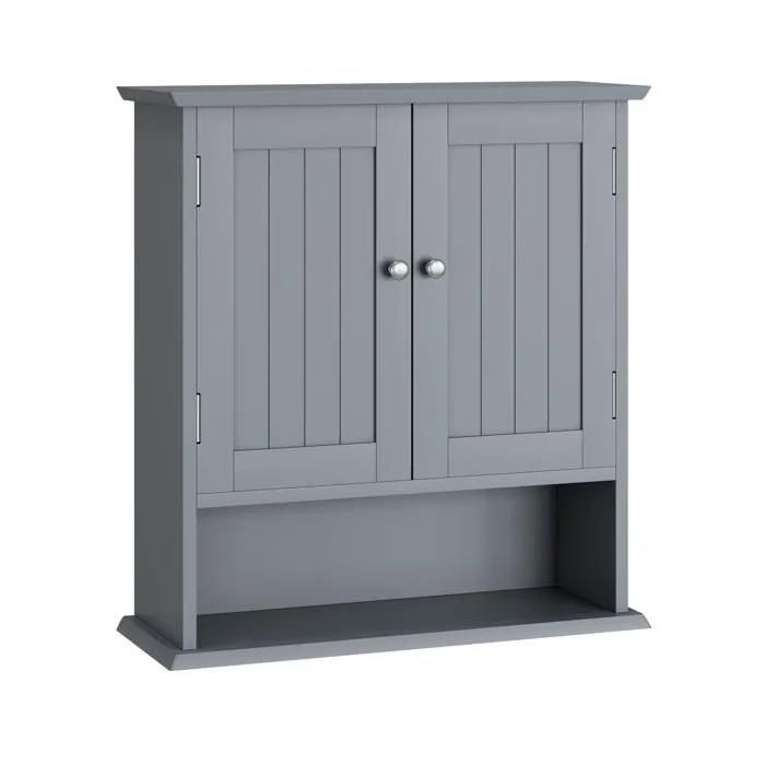 Armoire de salle de bain murale gris clair avec 2 portes et étagères ouvertes rangement MDF meuble WC moderne grande capacité