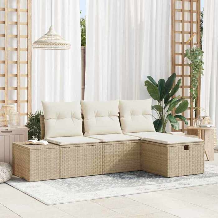 Noir Ensemble de canapé de jardin 4 pcs Beige Poly rotin - Meuble de balcon LV57487