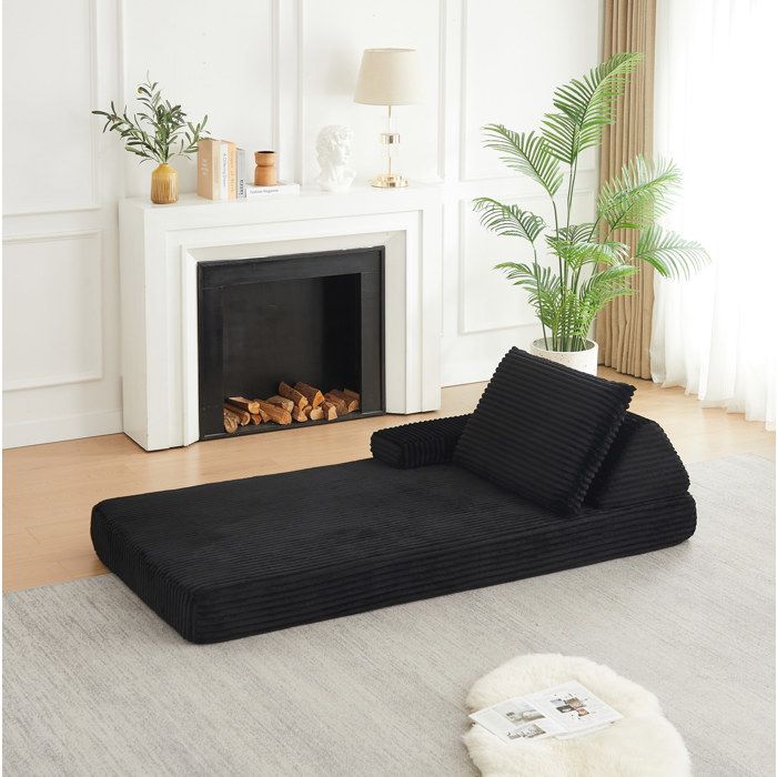 MEUBLIV Canapé modulable convertible en velours côtelé noir dossier triangulaire accoudoirs repositionnables 211 5 cm