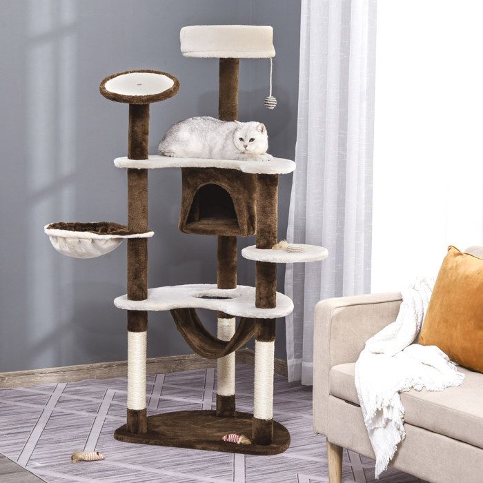 VUENOR Arbre à chat XXL 153 cm marron – niche hamac et jouet suspendu