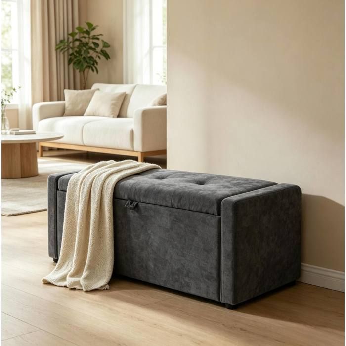 Banc de rangement bout de lit 122 cm gris foncé avec assise rembourrée et coffre dissimulé