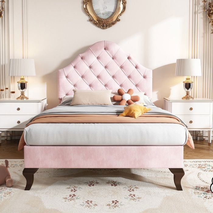 Piaenon - Lit enfant capitonné 90x200 cm simple avec tête réglable sommier pieds 20 cm et dossier boutonné - Velours - Rose