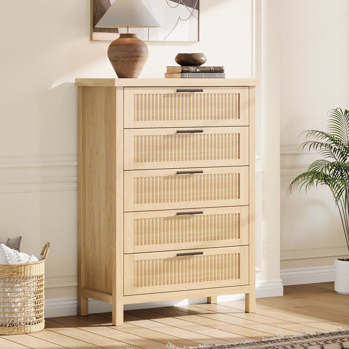 Koioplie Commode haute 5 tiroirs à rainures chiffonnier moderne en bois grand rangement pour chambre nursery salon
