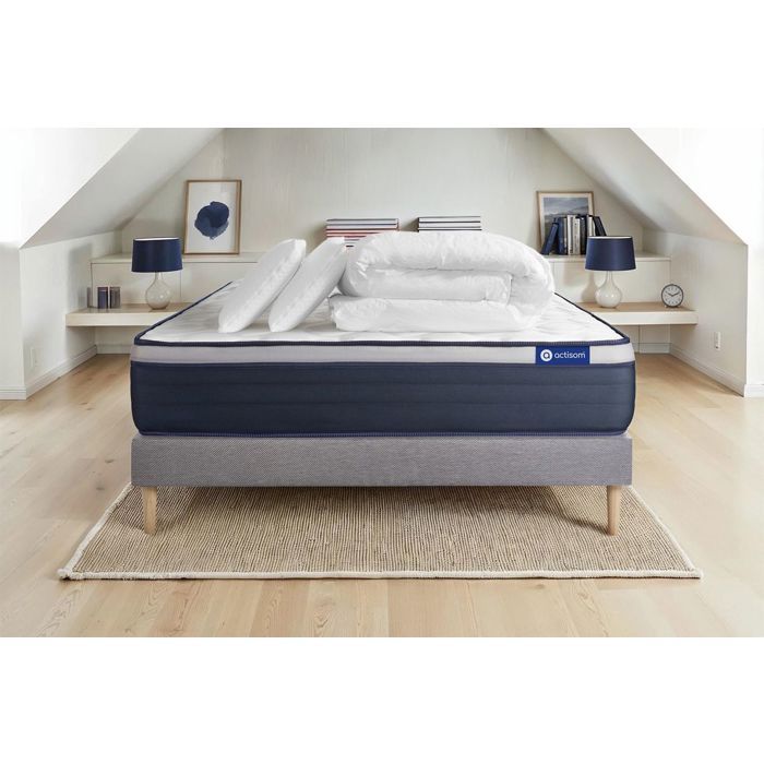 Pack lit complet 160x200 cm - Matelas + Sommier Gris (en kit) + 2 oreillers + Couette - Actimemo Max