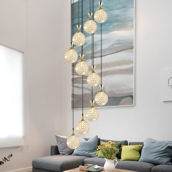 Lustre Contemporain à 10 Boules De Verre - Plafonnier Long Escalier 40x200 Cm - Design Minimaliste Pour Villa, Duplex, Salon - Champagne - 8