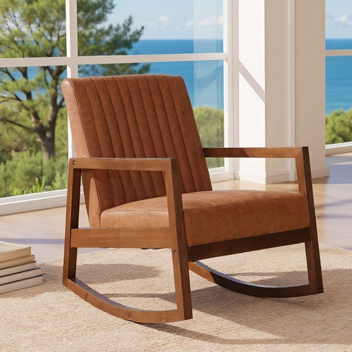 Wahson Chaise à Bascule Cuir PU avec Pieds en Bois Massif Chaise Berçante pour Salon et Chambre à Coucher ou Balcon Marron