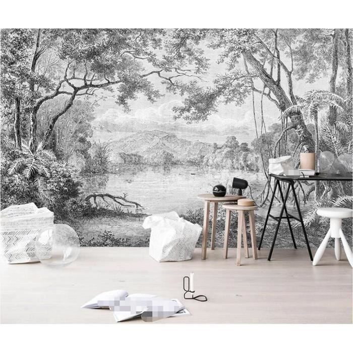 Papier Peint Panoramique 3D Forêt En Noir Et Blanc Jungle Peinte À Main ...