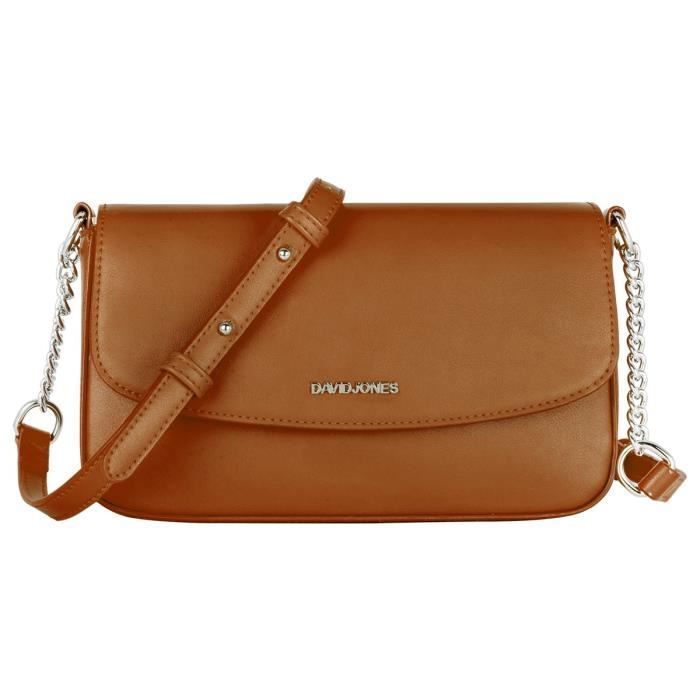 David Jones - Petit Sac Bandoulière Femme - Sacoche Portefeuille Téléphone Simili Cuir PU Rigide - Besace Rectangle - Marron Cognac