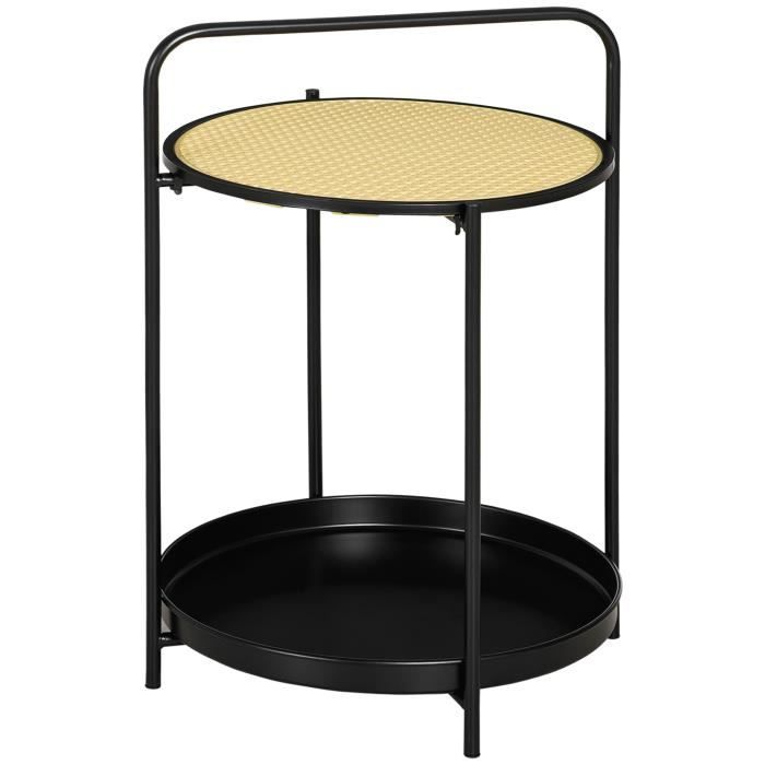 table d'appoint ronde homcom en métal noir et effet cannage avec poignée - style néo-rétro - 42x60 cm