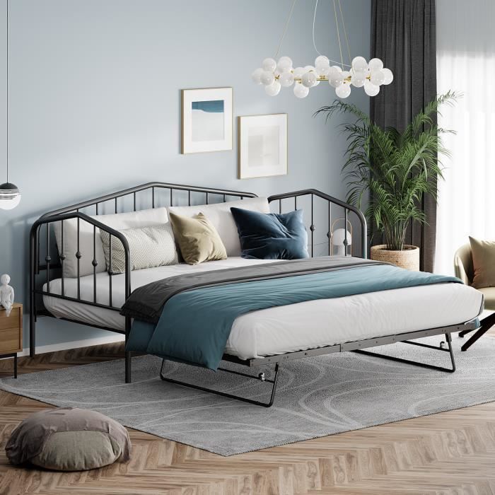 lit métal - kana - 90 x 200cm - avec lit gigogne - canapé-lit