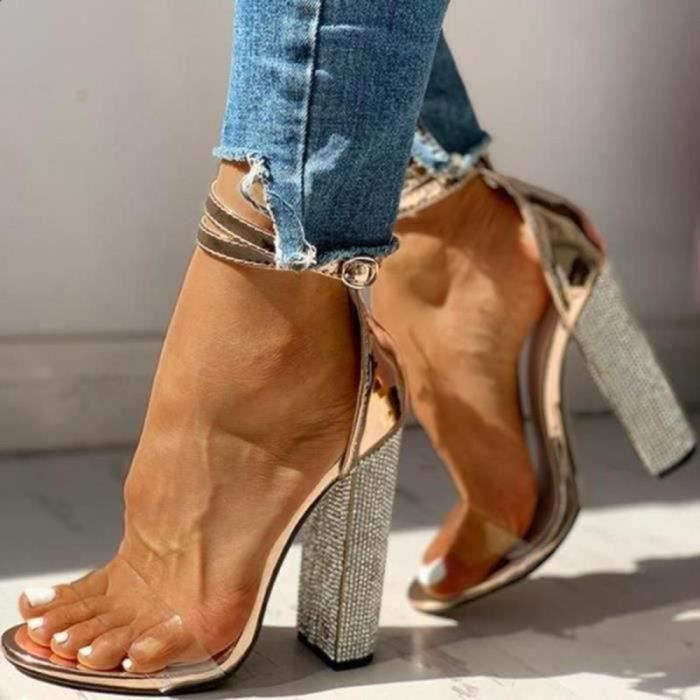 Femmes Bout Ouvert Sandales Bride Arrière Boucle Et Talon Bottier Talon Robe Escarpins Chaussures