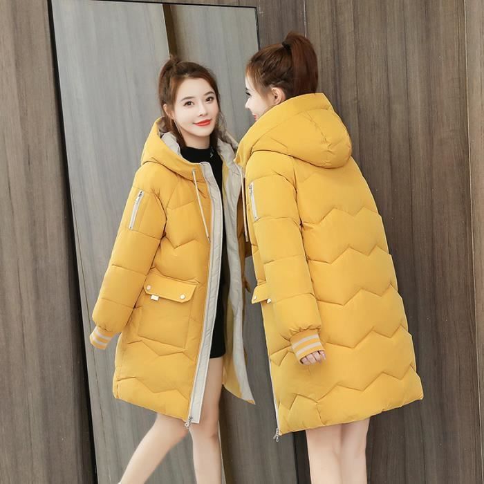Manteau Femme Pardessus chaud d'hiver ?� capuche zipp?� poche plus ?�paisse Outwear Jaune 