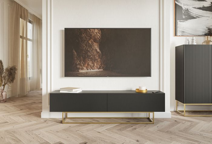 Meuble TV - VELDIO - 175 cm - noir sur pieds dorés
