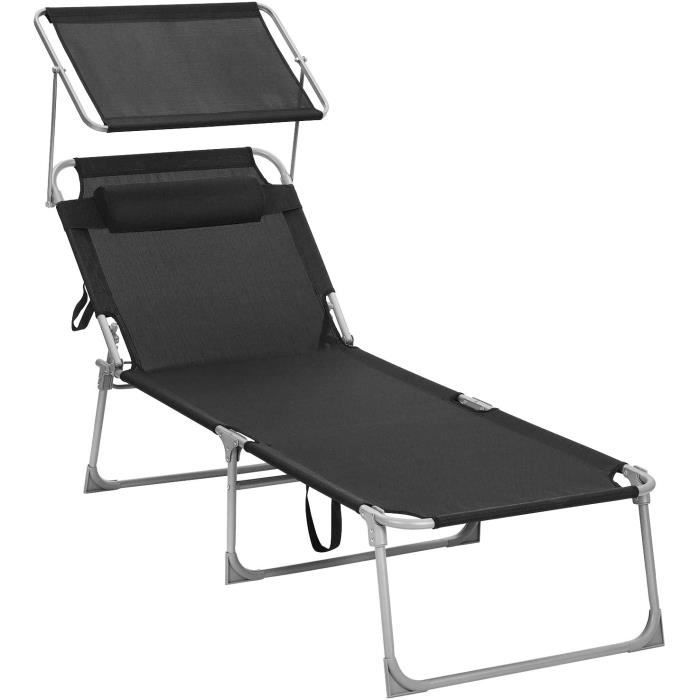 chaise longue songmics - grand modèle 71 x 200 x 38 cm - noir - inclinable et pliable