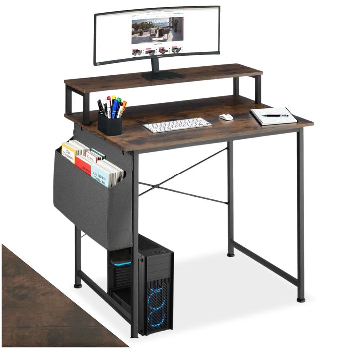 Bureau - TECTAKE - Bureau EVERETT en bois et acier avec étagère de rangement et pochette en tissu 80 x 55 x 90 cm - Bois foncé