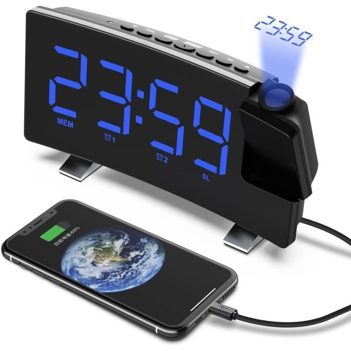 Réveil Projecteur LED - Affichage Mur/Plafond, Température, Snooze - Horloge Numérique USB
