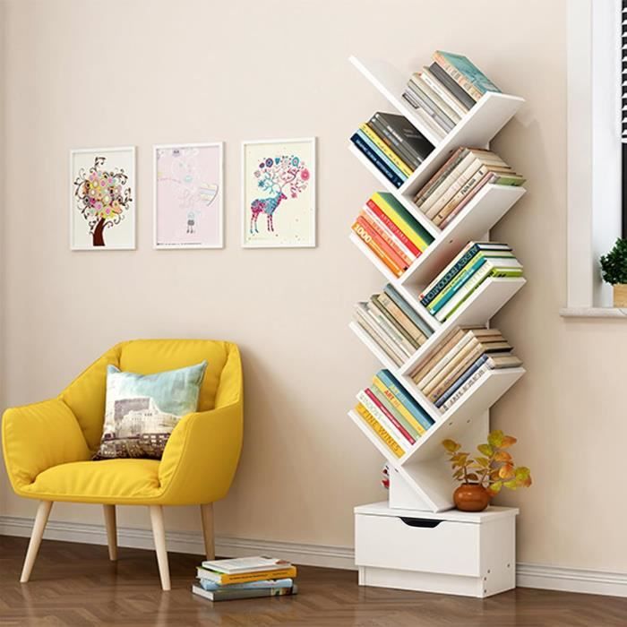 Bibliothèque 7 Niveaux XBRO En Forme D'Arbre | Avec Tiroir | 38x19.5x113cm | Bois Marron | Pour Salon/Chambre/Bureau