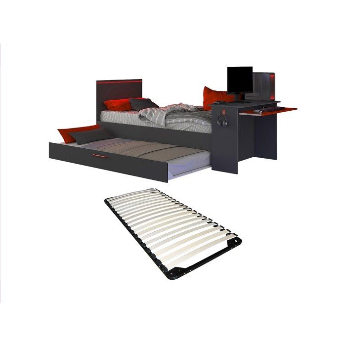 Lit gigogne gamer2 x 90 x 200 cm - Avec bureau - LEDs - Anthracite et rouge + Sommier - VOUANI